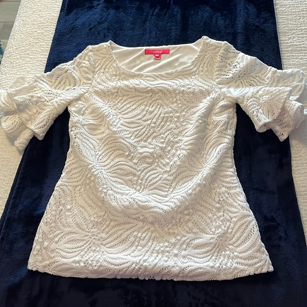 Lilly Pulitzer Lula Top Ruffle Sleeves Sea Swirling Lace Resort White XS!